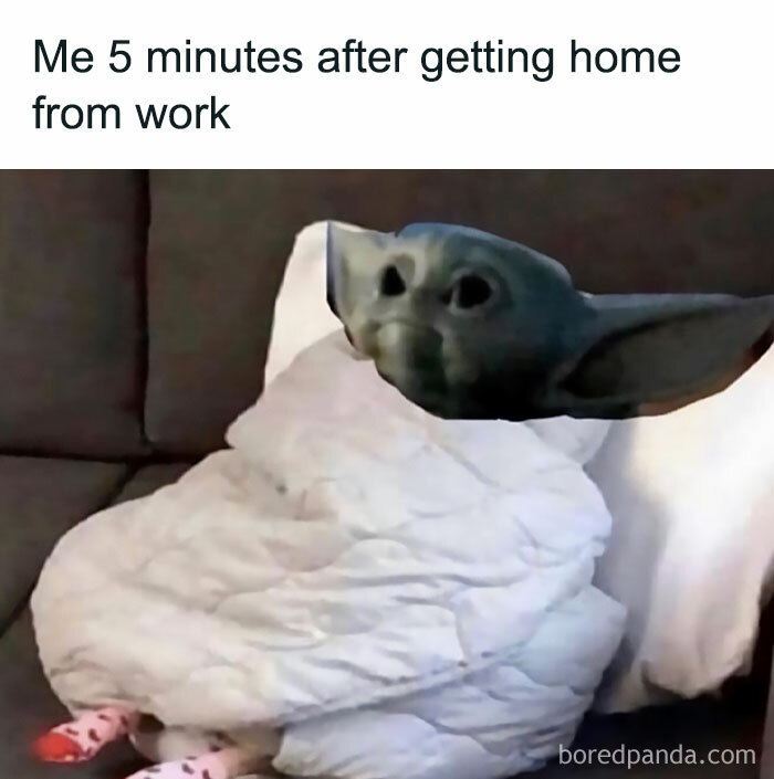 Baby Yoda wrapped in a blanket on a couch, humorous meme about work and adult life.