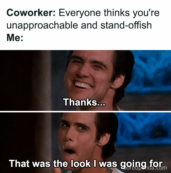 Funny meme about work: person smiling with text "Everyone thinks you're unapproachable" and "That was the look I was going for."