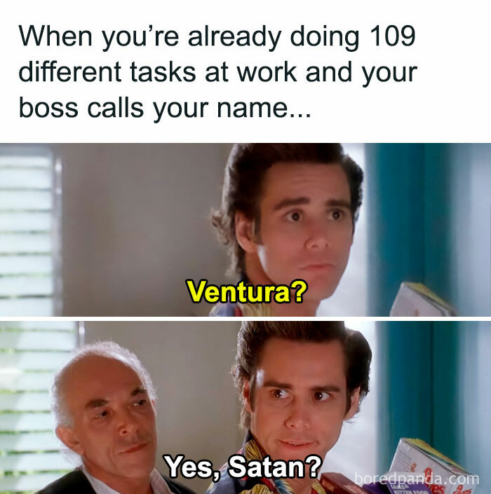 A meme about work features a character being called by their boss, humorously responding with sarcasm.