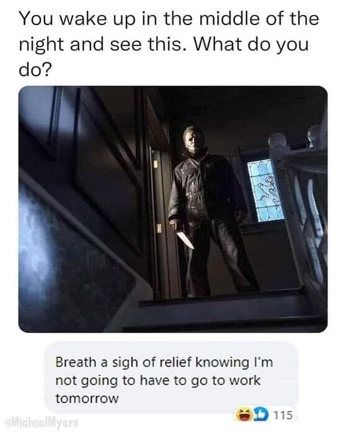 Scary scene with humor about adult life relief from work stress, featuring a dark figure at night and a funny caption.