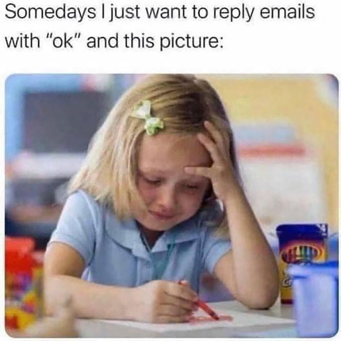 Child tearfully coloring, humorously depicting work and adult life stress.