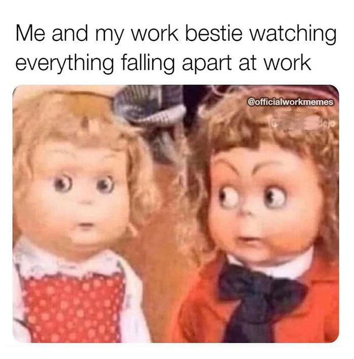 Two dolls with surprised expressions, humorously capturing adult life and work stresses.