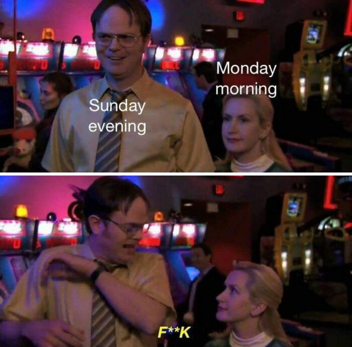 Two people in a gaming arcade, with text humorously comparing Sunday evening to Monday morning, capturing Monday memes theme.