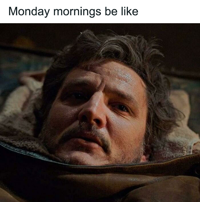 Close-up of a tired man, capturing a relatable Monday meme vibe.