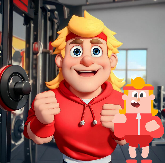 Character from language learning app in Pixar style, wearing a red hoodie in a gym setting.