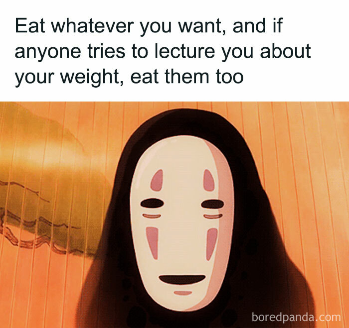 Studio Ghibli meme with a character joking about eating anyone who lectures on weight.