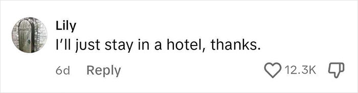 Screenshot of a social media comment saying I&rsquo;ll just stay in a hotel, thanks, related to Airbnb rules discussion.