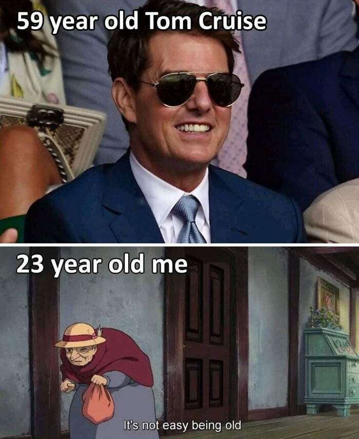 Man in sunglasses above Studio Ghibli character, humorous age comparison.