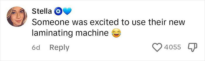 Comment from Stella with emojis, mentioning excitement about a new laminating machine and receiving over 4000 likes.