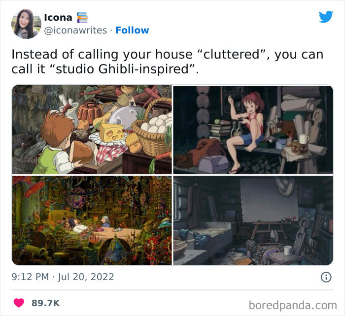 "Studio Ghibli-inspired meme about cluttered rooms with humorous text and four film scenes."