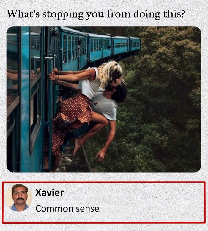 Couple poses outside train, while Xavier replies humorously with "Common sense" as a caption.