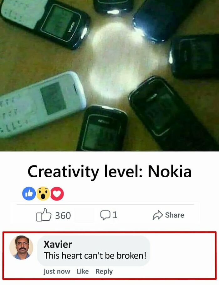 Xavier humorously replies to a post about Nokia phones with the comment, "This heart can't be broken!"