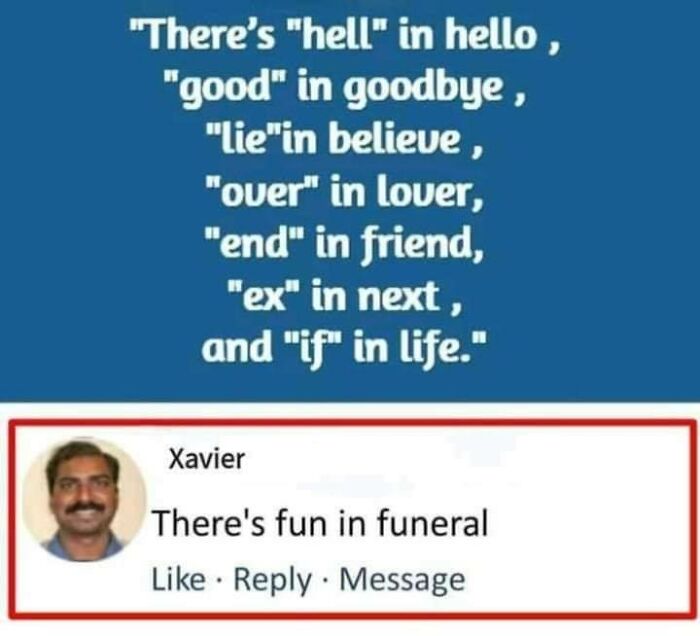 Text highlighting word fragments within common words, with a humorous comment by Xavier below, related to funny memes idealist Xavier.