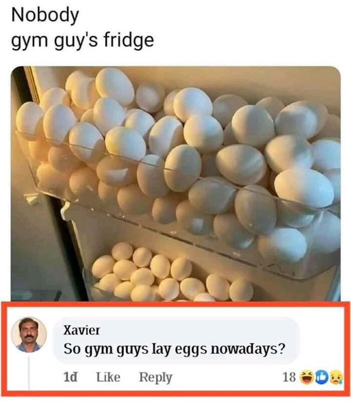 Xavier humorously questions a fridge filled with eggs, captioned "Nobody, gym guy's fridge."