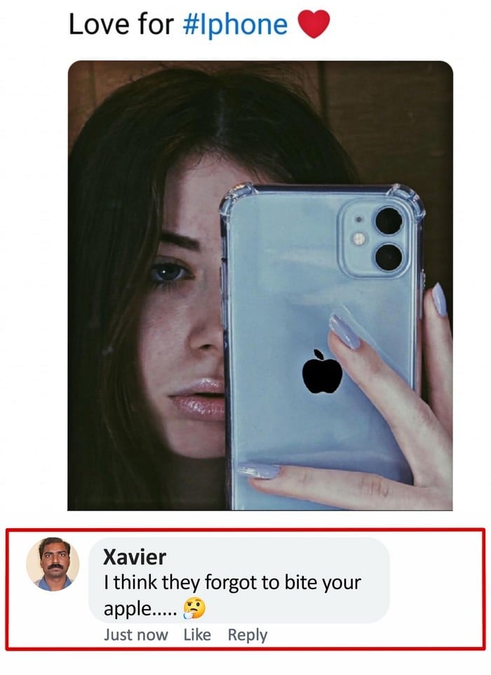 Woman taking a selfie with an iPhone showing an unbitten Apple logo, with a funny meme comment by Xavier.