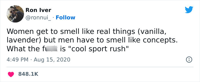 Meme from Men's Humor page about scents, comparing women's natural scents and men's conceptual ones like "cool sport rush."