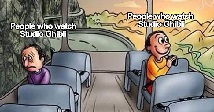 Two passengers on a bus, one sad and one happy, both labeled "People who watch Studio Ghibli."