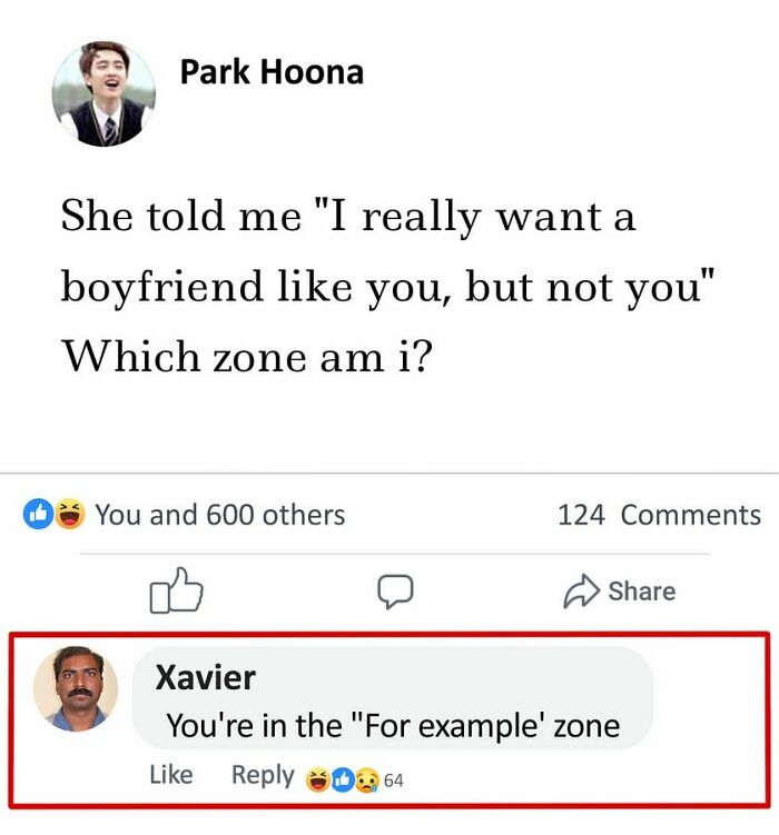 Funny memes Idealist Xavier replying humorously to a relationship comment on social media with a witty zone joke.