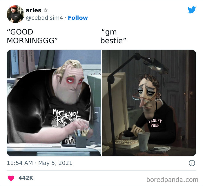 normal characters who look tired in emo clothes meme