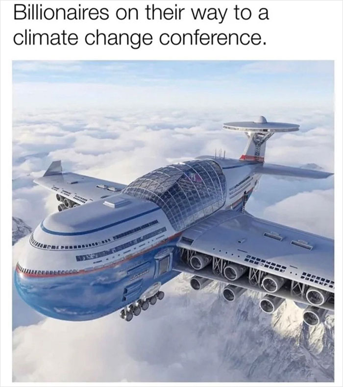 Futuristic plane meme from Men's Humor, depicting billionaires headed to a climate change conference.