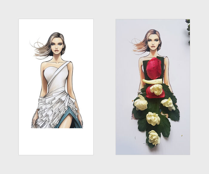 A Stylish Gown With A Cut Leaf Accent Adorned By Red Petals And Delicate White Flowers