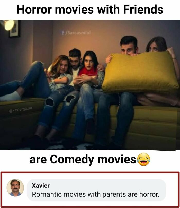 Group of friends watching horror movies looking scared and hiding behind a pillow in a funny memes idealist Xavier scene.