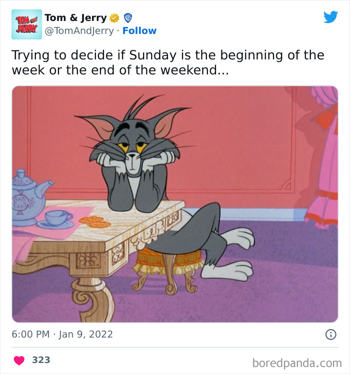 Tom pondering weekend thoughts at a table, expressing a relatable feeling from Tom & Jerry memes.
