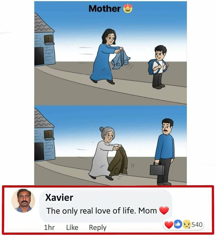 Xavier's hilarious reply about mother’s love in a comic illustration.