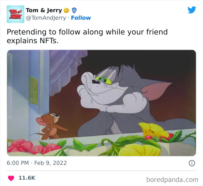 Tom daydreams while Jerry talks, capturing the humor of Tom and Jerry memes.