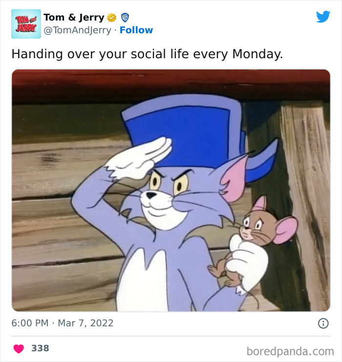 Tom saluting with Jerry in a military hat, representing Monday mood in a relatable meme.
