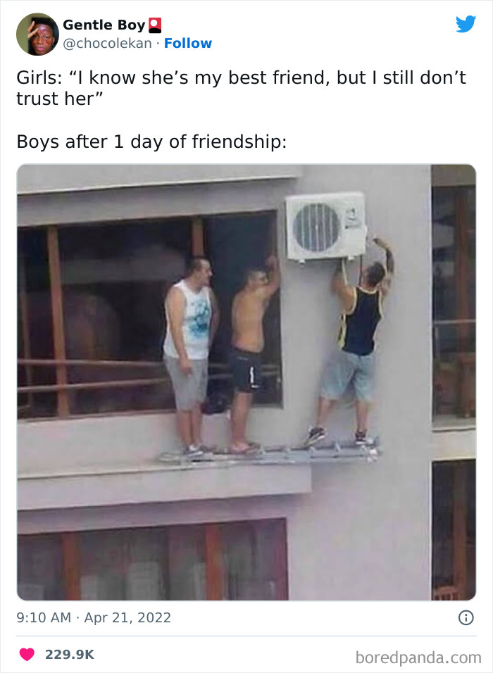 Three friends on a dangerous ledge together, humorously depicting friendship.