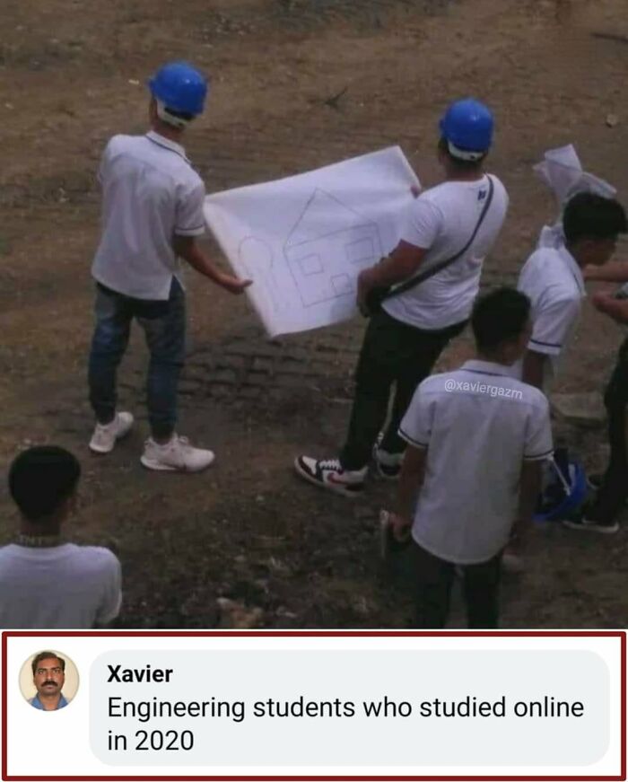 Group of young men wearing blue helmets holding a rough hand-drawn blueprint, funny memes idealist Xavier concept.