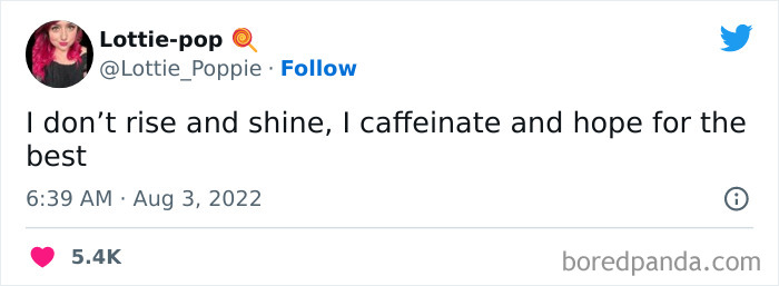 A coffee meme featuring a tweet by Lottie-pop (@Lottie_Poppie). The tweet humorously reads, "I don’t rise and shine, I caffeinate and hope for the best." The tweet captures the sentiment of relying on coffee to start the day, rather than feeling naturally energetic. The tweet is timestamped "6:39 AM · Aug 3, 2022," and has received over 5.4K likes.