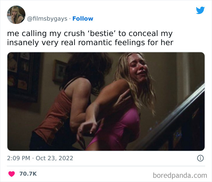 A girl crying while being pushed upstairs meme