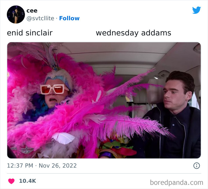 Enid Sinclair in vibrant costume sitting next to stern Wednesday Addams actor from the popular Netflix series.