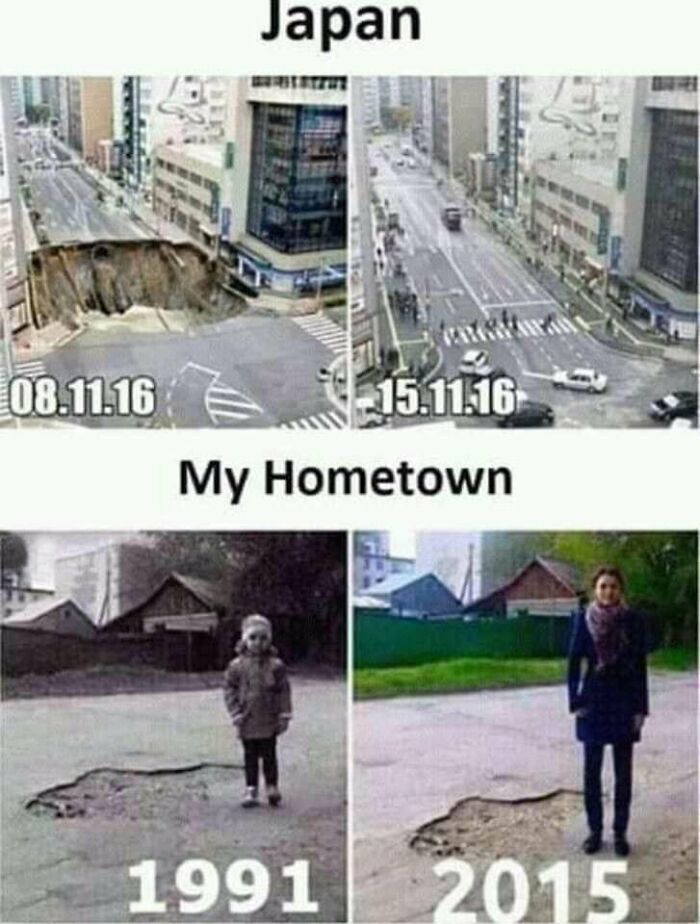 "Japan road repair in a week vs hometown pothole lasting decades, highlighting Xavier's witty commentary on infrastructure."