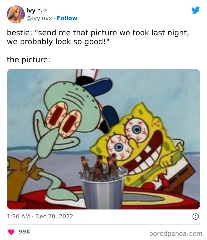 SpongeBob and Squidward looking tired with drinks in an ice bucket, capturing a friendship meme moment.