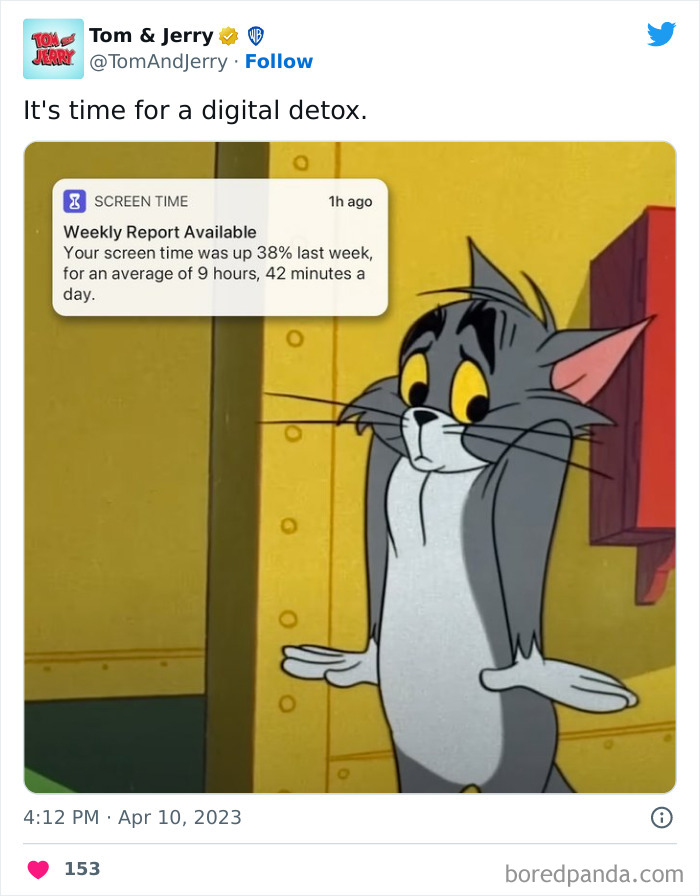 Tom looking confused with a notification about screen time increase, relating to digital detox in a Tom & Jerry meme.