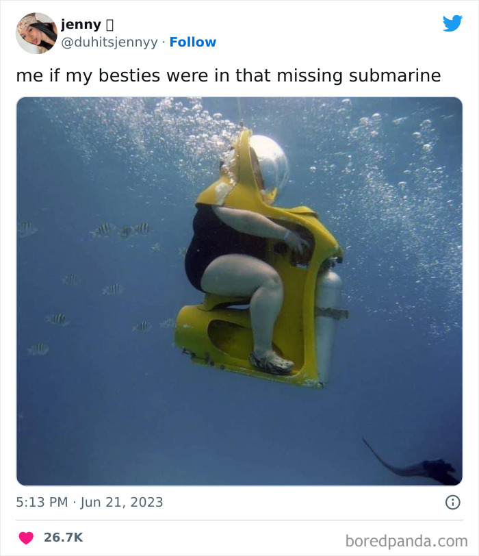 Person underwater on a yellow submersible scooter, surrounded by fish; funny friendship meme.