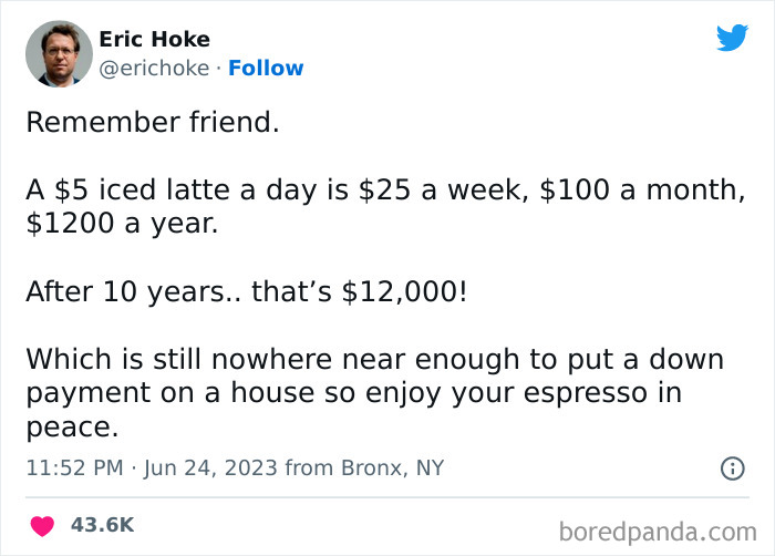 A coffee meme featuring a tweet by Eric Hoke. The tweet humorously breaks down the cost of a daily $5 iced latte, calculating it as $25 a week, $100 a month, and $1,200 a year. Over 10 years, this totals $12,000. The tweet concludes by pointing out that this amount is still nowhere near enough for a down payment on a house, so it suggests enjoying your espresso in peace. The tweet is timestamped "11:52 PM · Jun 24, 2023 from Bronx, NY," and has received over 43.6K likes.