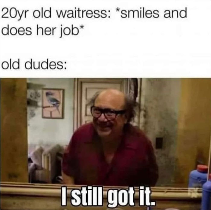 Meme from Men’s Humor shows a man smiling at himself in a mirror, captioned with humorous text about a waitress.