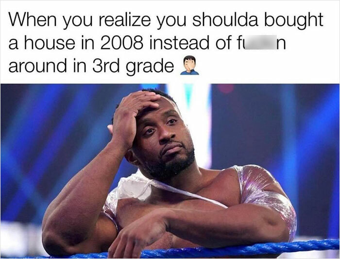 Man with a thoughtful expression, wrapped arm, pondering a humorous meme about buying a house in 2008.