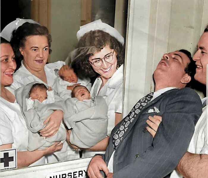 Father Faints When He Meets His Triplet Babies For The First Time In 1946. This Was Before Ultrasound Was Invented