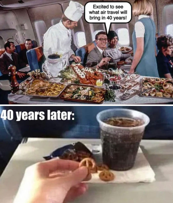 Meme from "Men's Humor" showing air travel expectations 40 years ago versus now with a lavish meal and a snack.