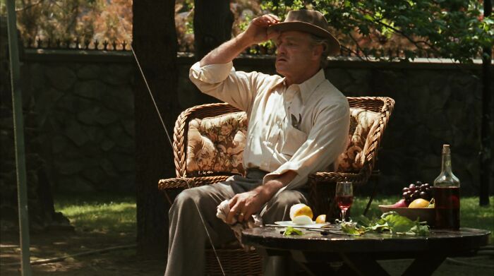 Don Vito Corleone looking to the side holding his hat 