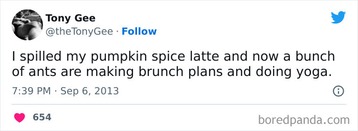 A coffee meme featuring a tweet by Tony Gee (@theTonyGee). The tweet humorously states, "I spilled my pumpkin spice latte and now a bunch of ants are making brunch plans and doing yoga." The joke playfully imagines ants behaving like trendy humans after being exposed to the popular fall-themed coffee drink. The tweet is timestamped "7:39 PM · Sep 6, 2013," and has received over 654 likes.