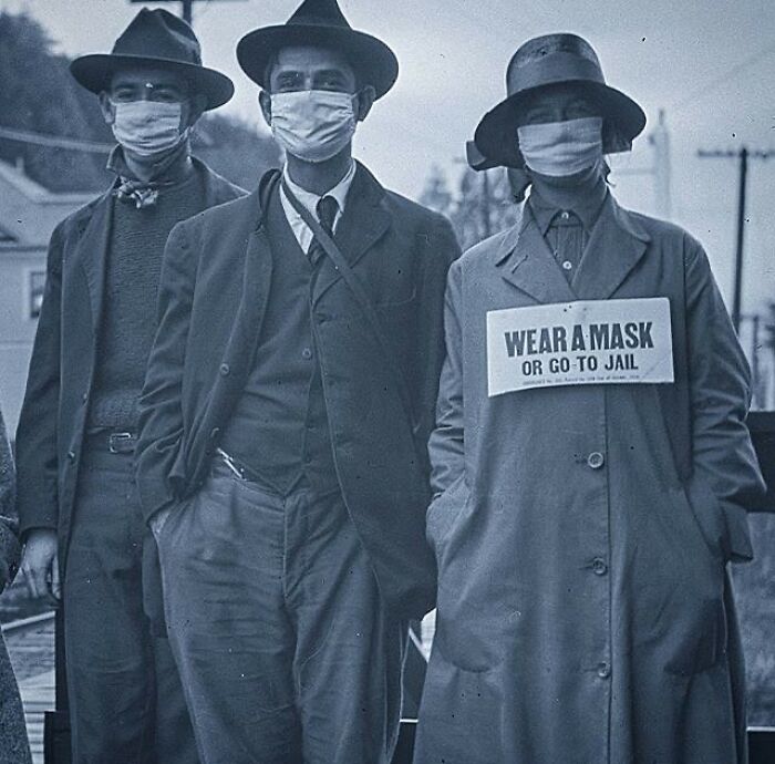 A Group Of People Pose For A Photo Whilst Wearing Face Masks During The Second Wave Of The Spanish Flu In California, 1918