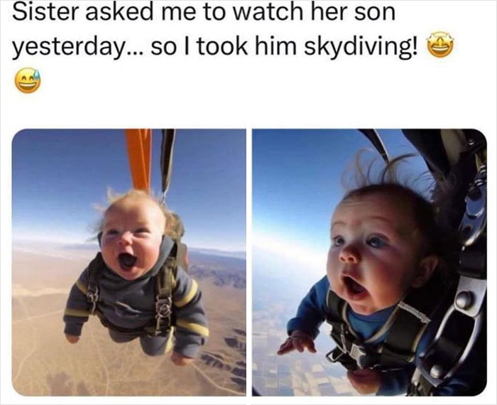 Baby skydiving meme from Men's Humor page, showing a surprised and excited infant mid-air.