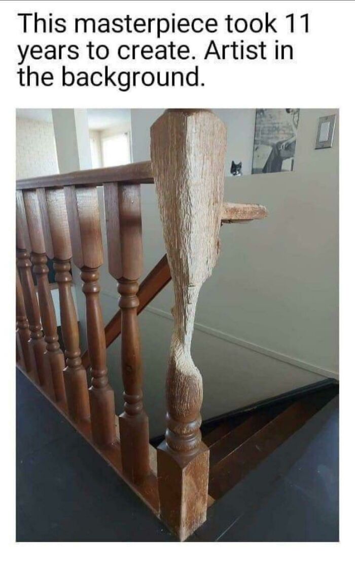 Humorously chewed staircase railing with a mischievous cat in the background, perfect for funny cat photos enthusiasts.