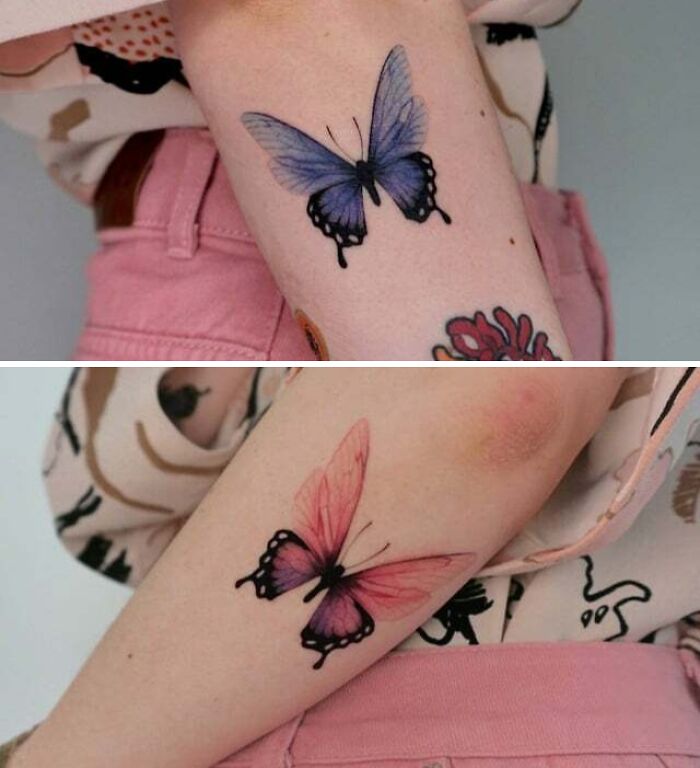 Colorful butterfly tattoos on arms, featuring vibrant blue and pink designs.